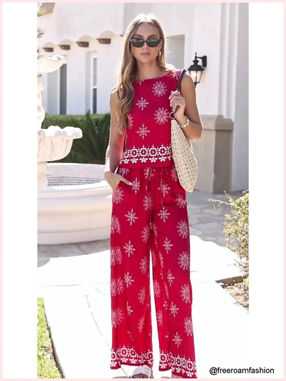 Boho 2 Piece Lounge Set - Sleeveless Crop Top & Wide Leg Pants